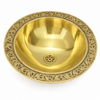 Engraved round brass drop-in sink on a white background