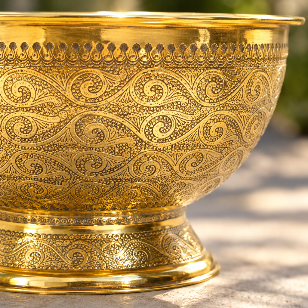 Engraved Round Brass Vessel Sink on Pedestal Foot close-up of the hand-engraved Moroccan swirl pattern