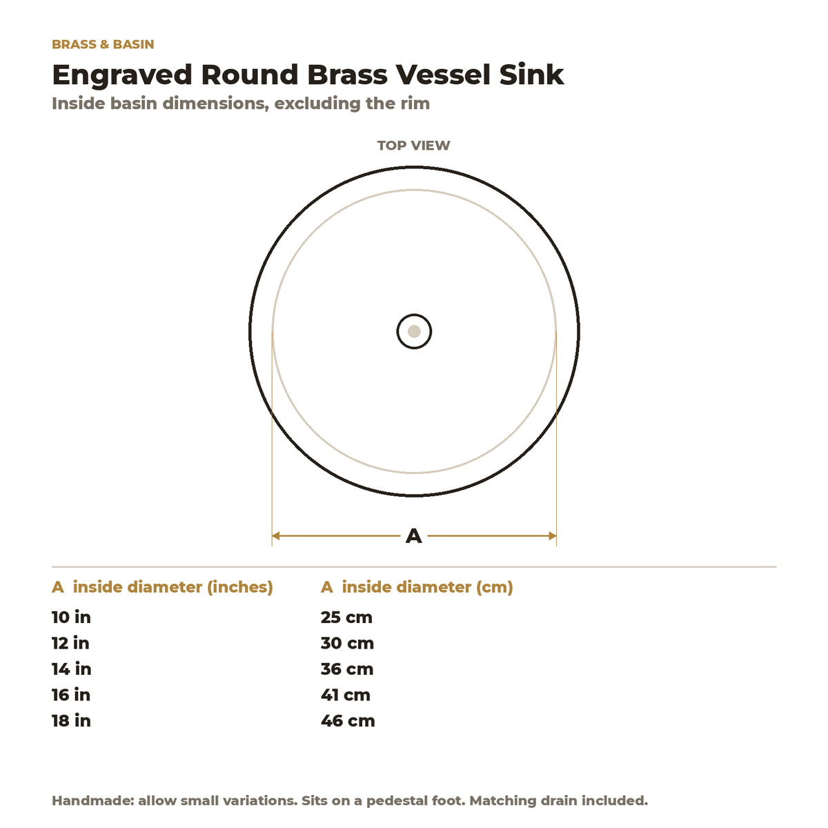Engraved Round Brass Vessel Sink on Pedestal Foot inside basin dimensions in inches and centimetres