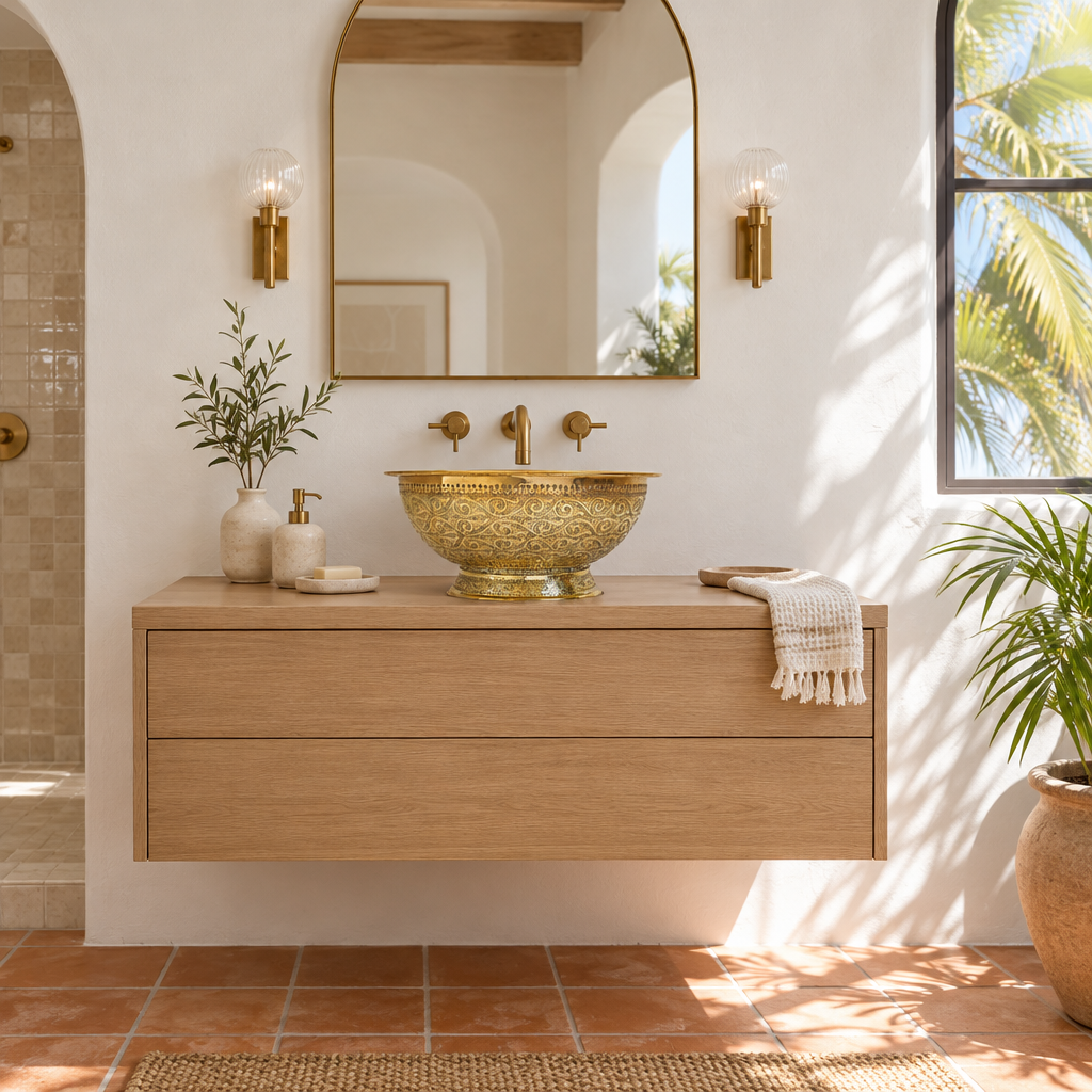 Engraved Round Brass Vessel Sink on Pedestal Foot in a bright, airy California bathroom