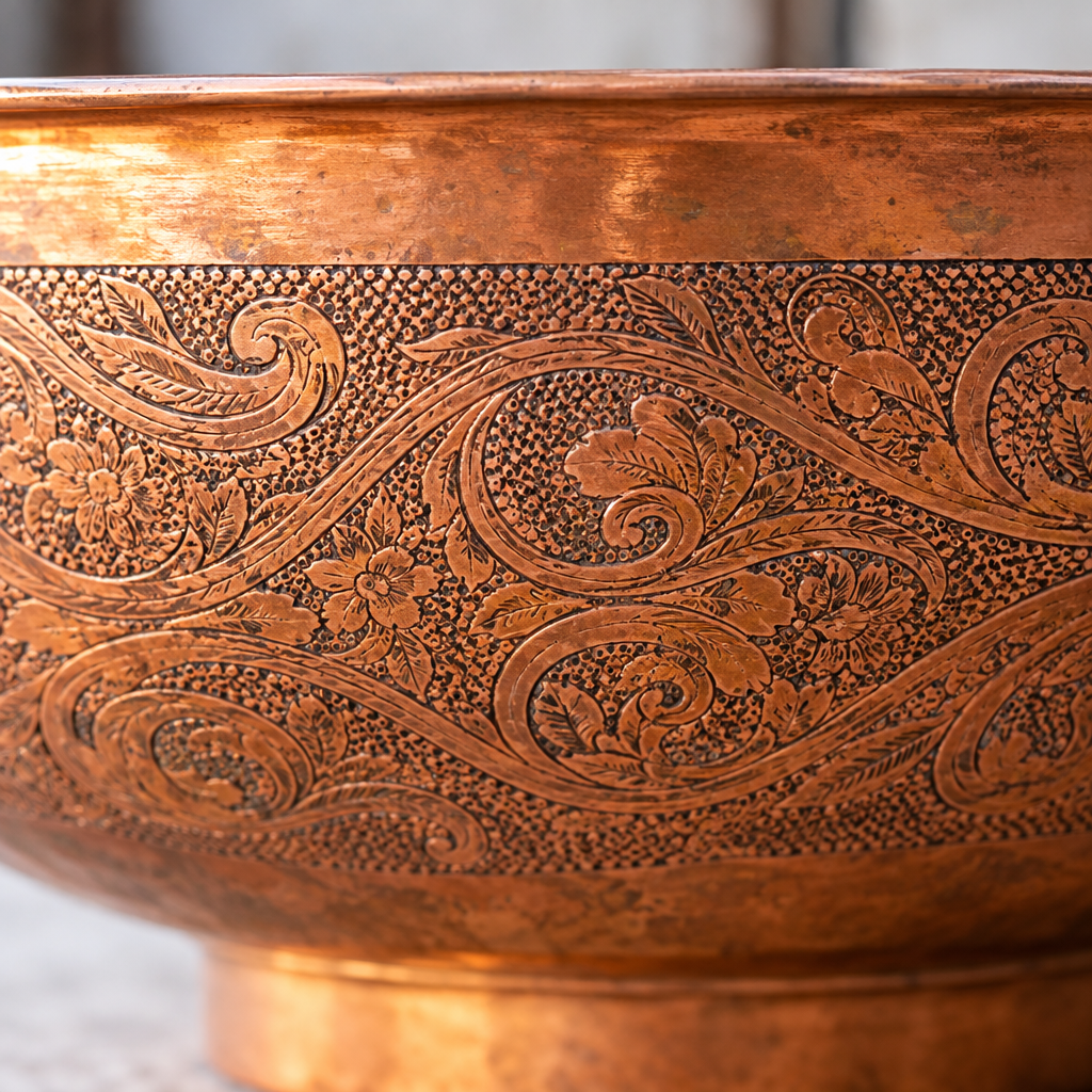 Close-up of the hand-engraved floral and paisley band on the copper bowl