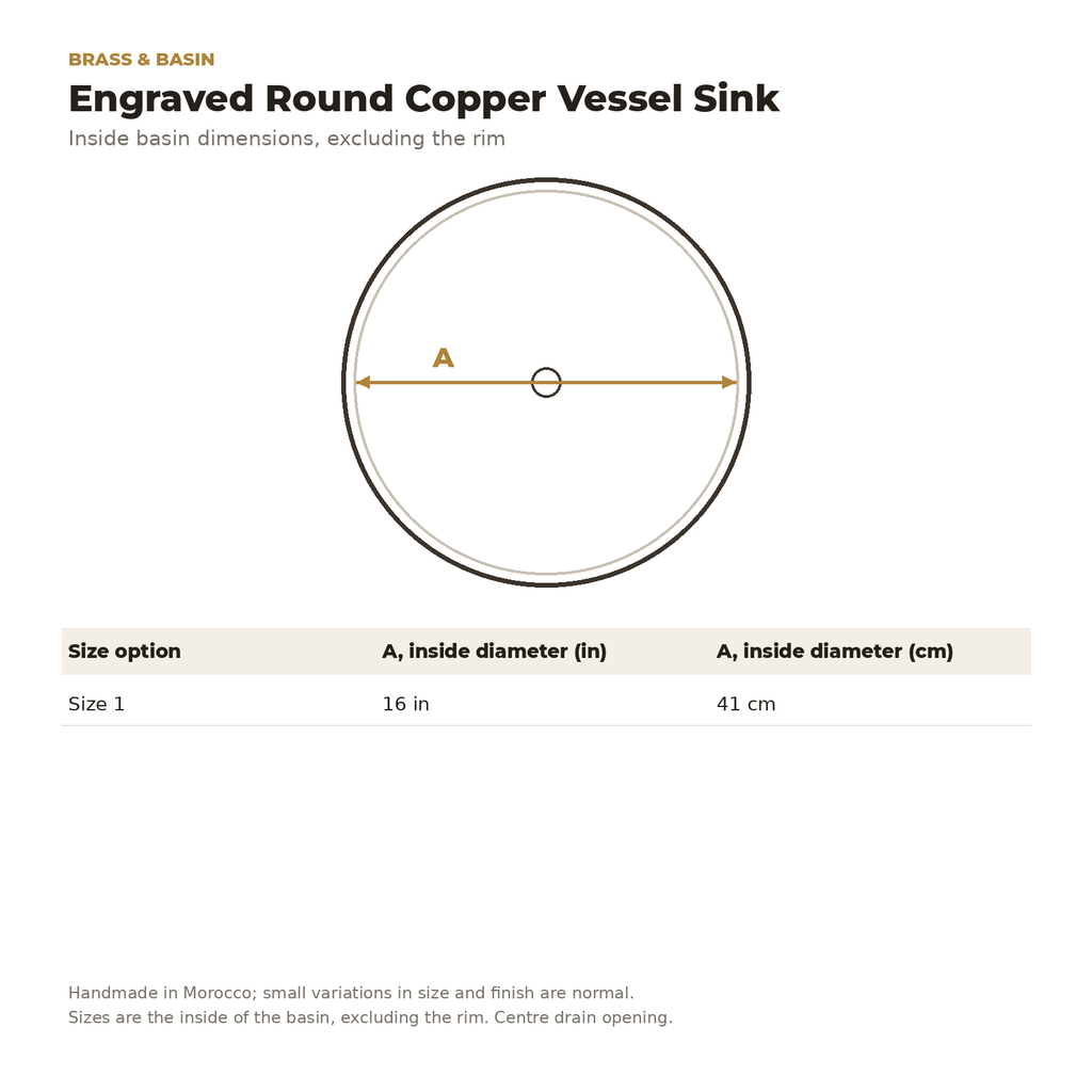 Inside diameter of the engraved round copper vessel sink