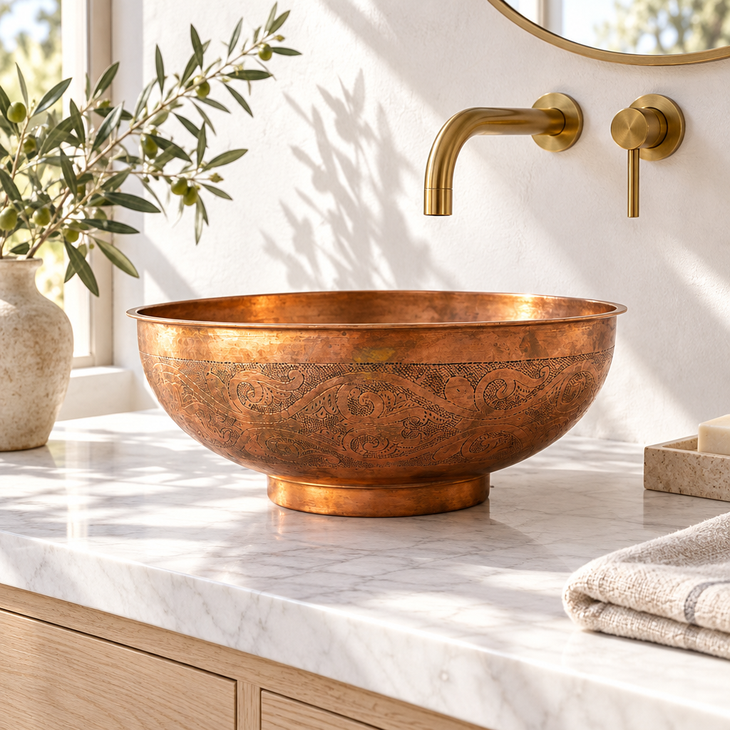 Engraved round copper vessel sink on a sunlit white marble bathroom vanity