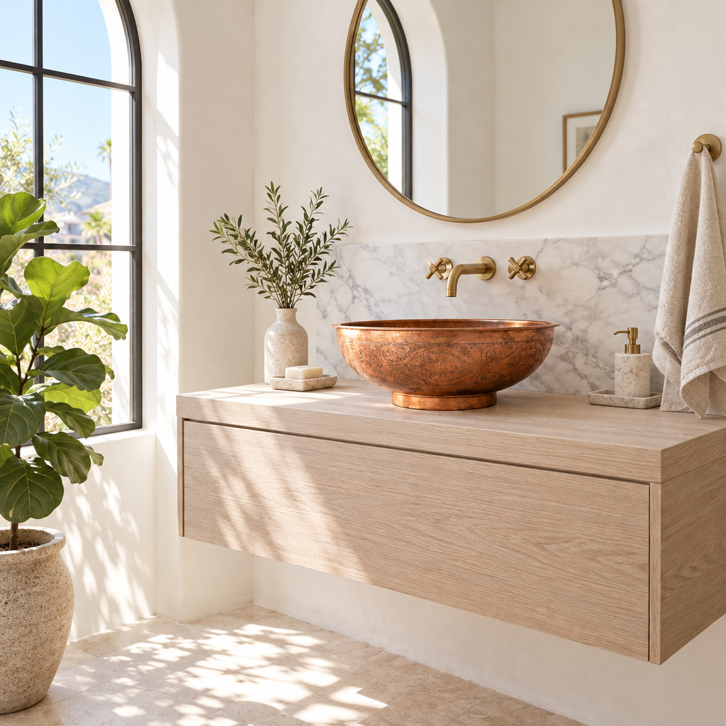Bright California powder room with an engraved copper vessel sink on a white oak vanity