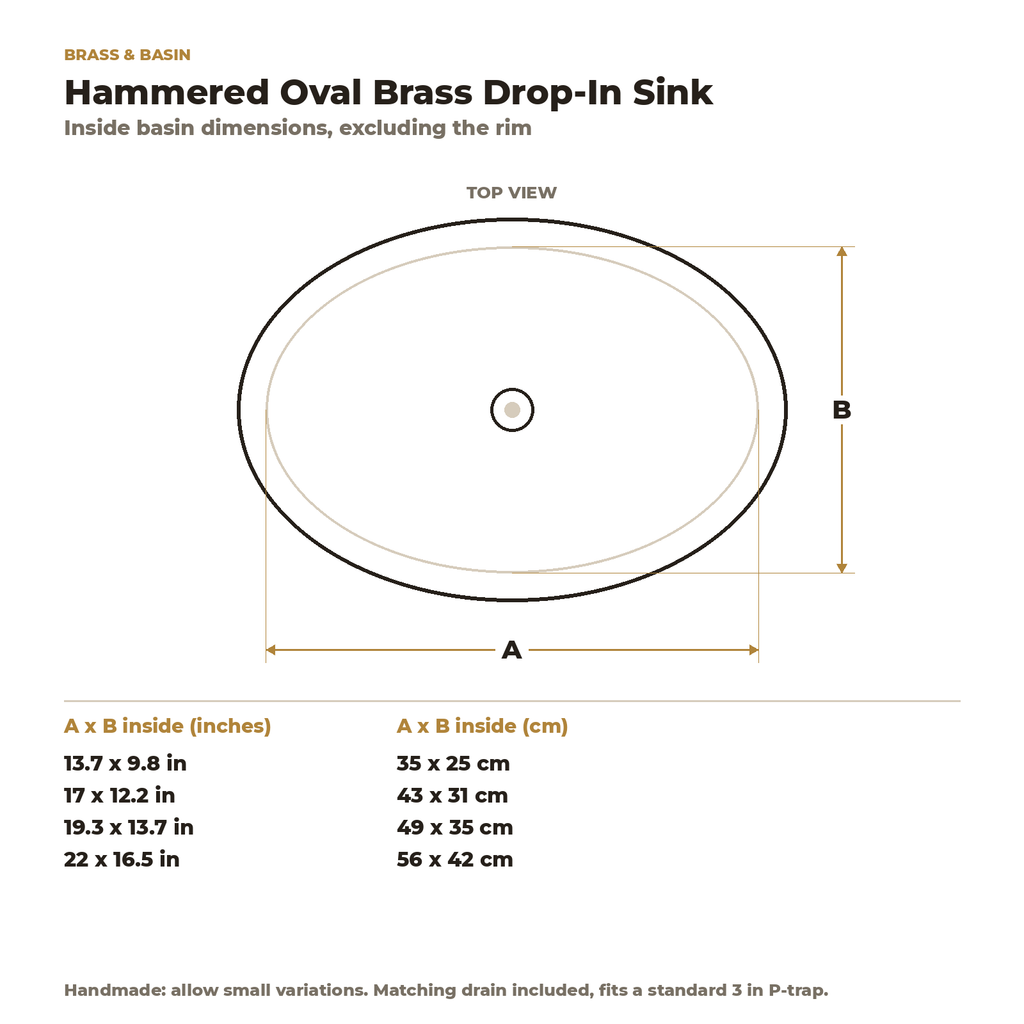 Hammered Oval Brass Drop-In Bathroom Sink, inside basin dimensions in inches and centimetres