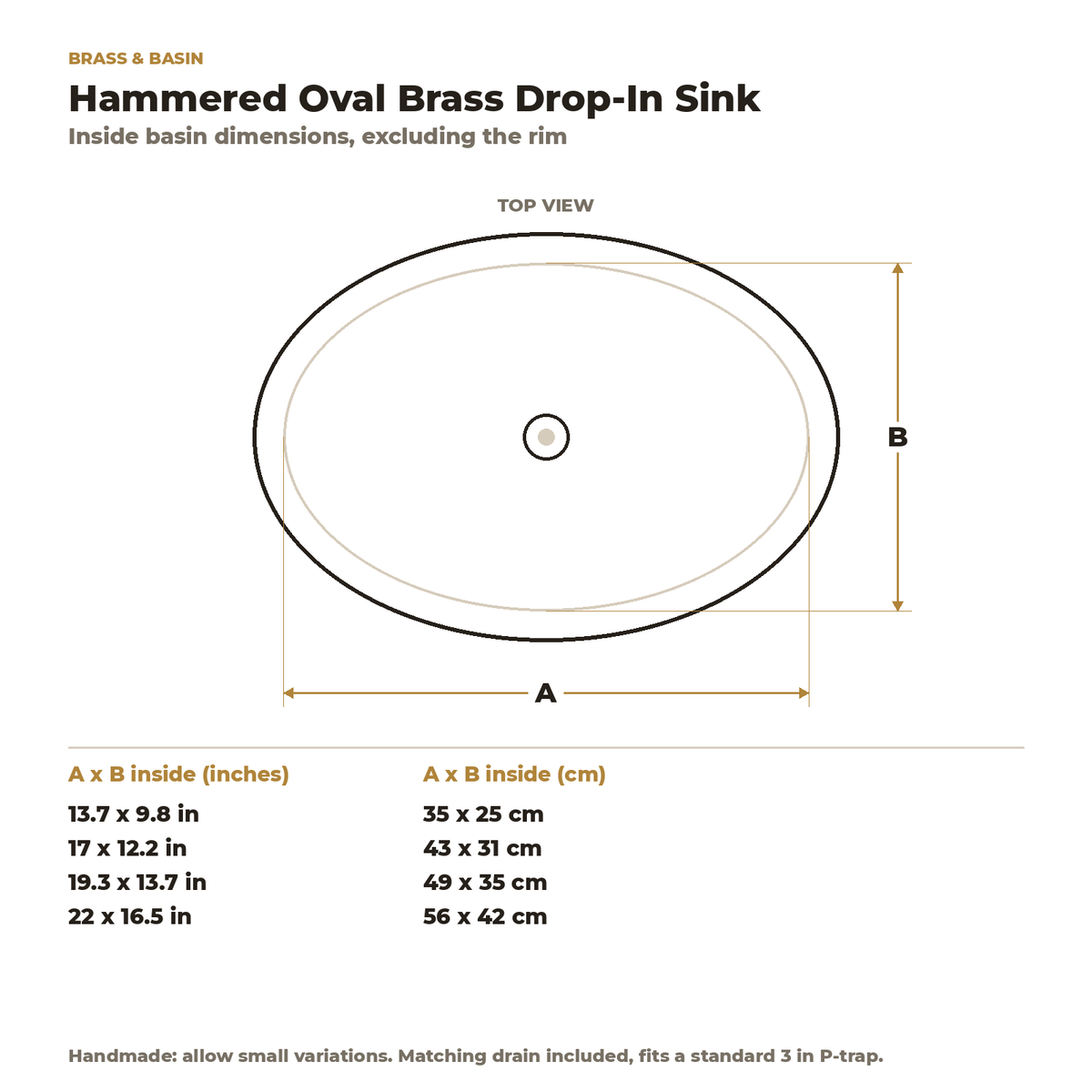 Hammered Oval Brass Drop-In Bathroom Sink, inside basin dimensions in inches and centimetres