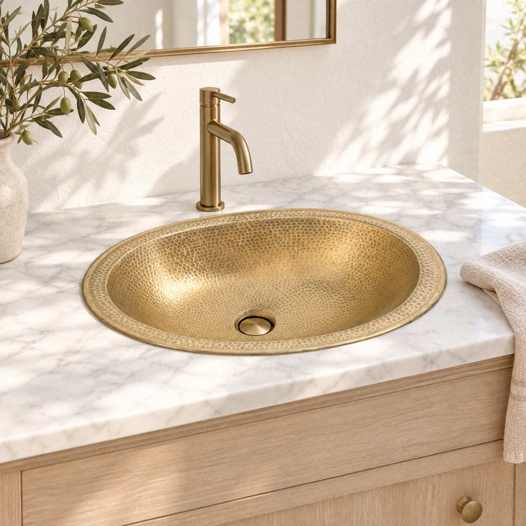 Hammered Oval Brass Drop-In Bathroom Sink in a white marble vanity, bright California bathroom