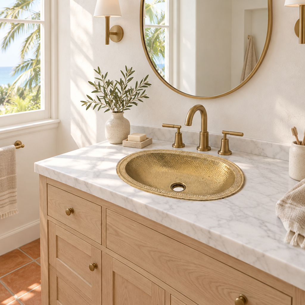 Hammered Oval Brass Drop-In Bathroom Sink in a bright, airy California bathroom