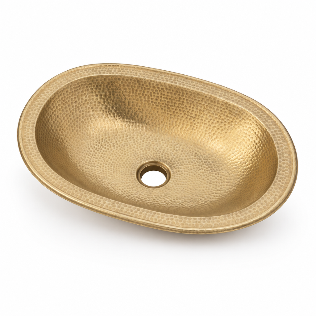 Hammered Oval Brass Drop-In Bathroom Sink on a white background
