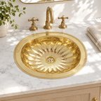 Fluted Petal Oval Brass Drop-In Sink installed in a bright bathroom