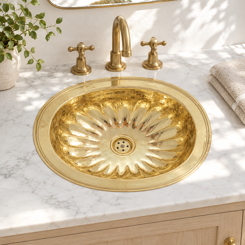 Fluted Petal Oval Brass Drop-In Sink installed in a bright bathroom