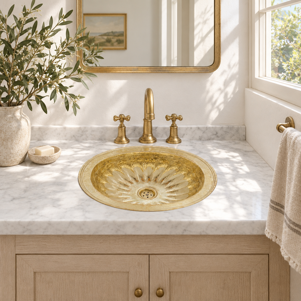 Fluted Petal Oval Brass Drop-In Sink in a bright, airy bathroom