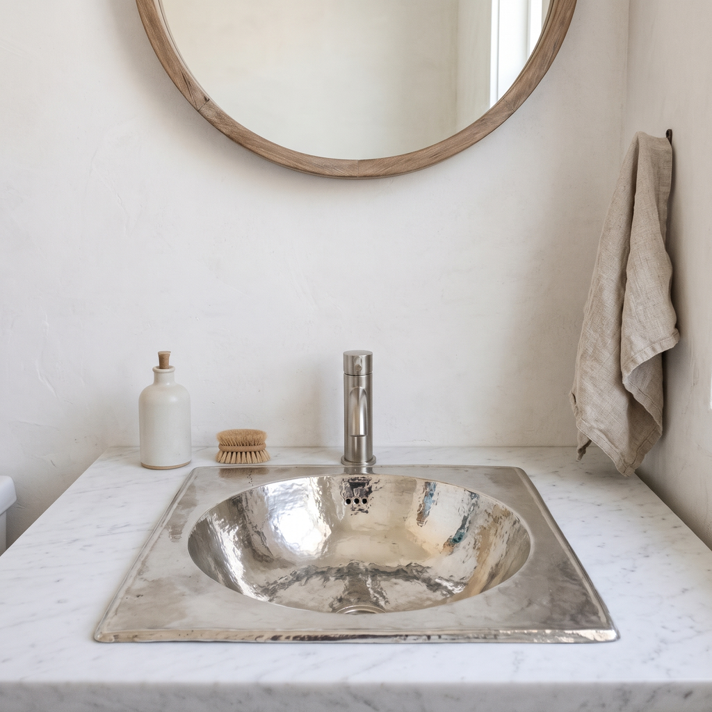 German silver drop-in sink in a bright powder room with marble counter