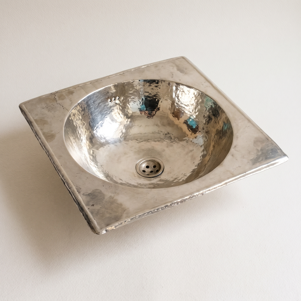 German silver drop-in sink with square top and round hammered bowl