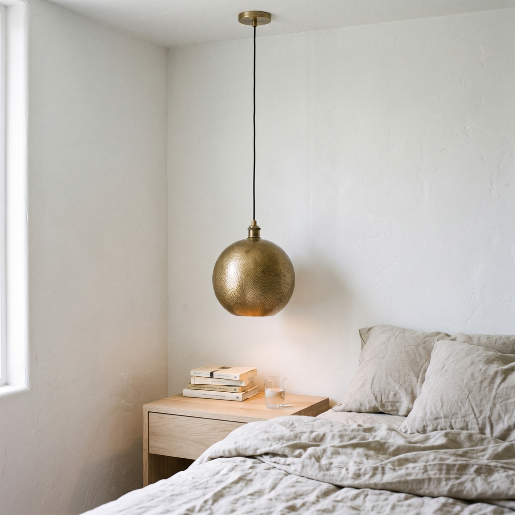 Hammered brass globe pendant hanging beside a bed in a white plaster bedroom