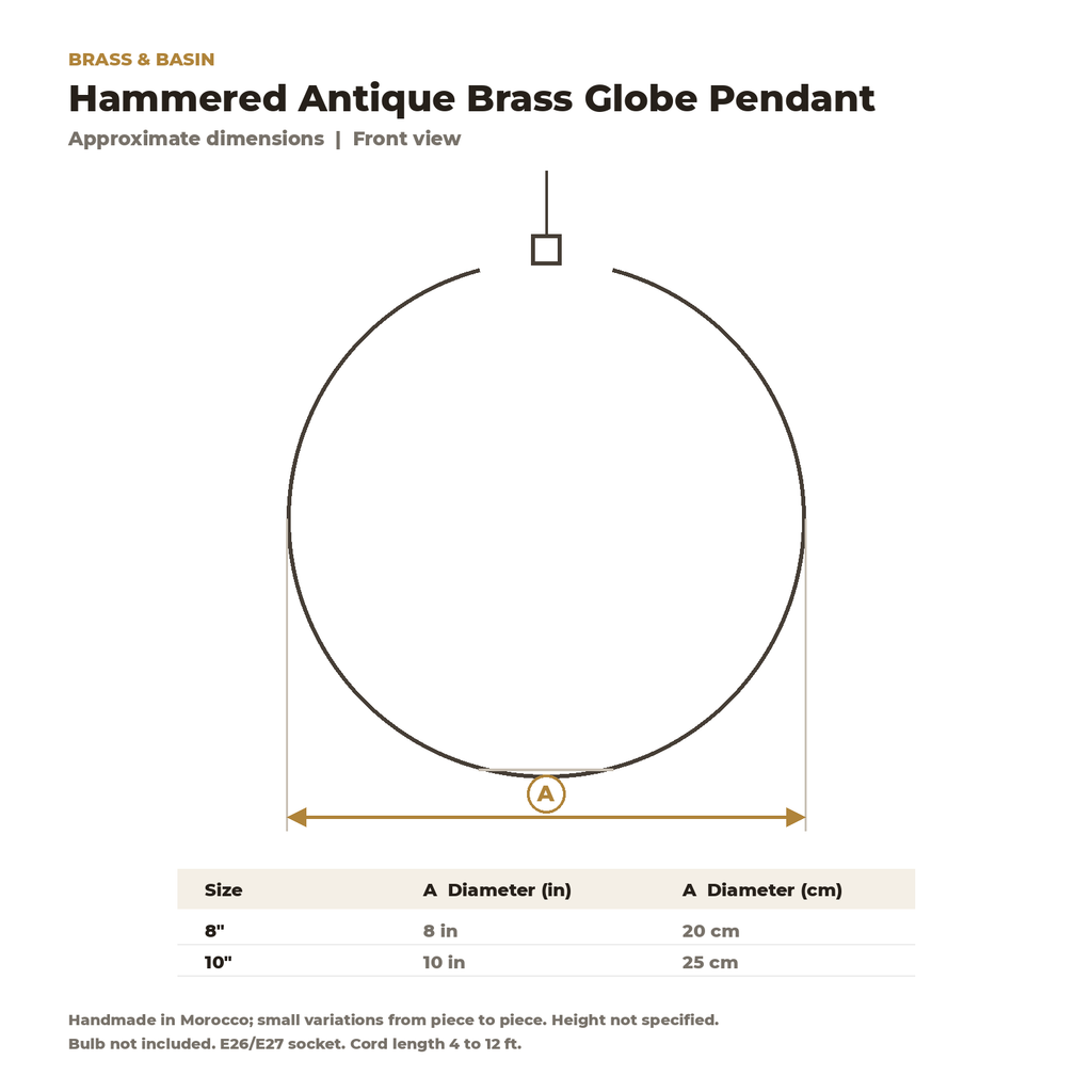 Dimension card for the hammered brass globe pendant, 8 or 10 in diameter