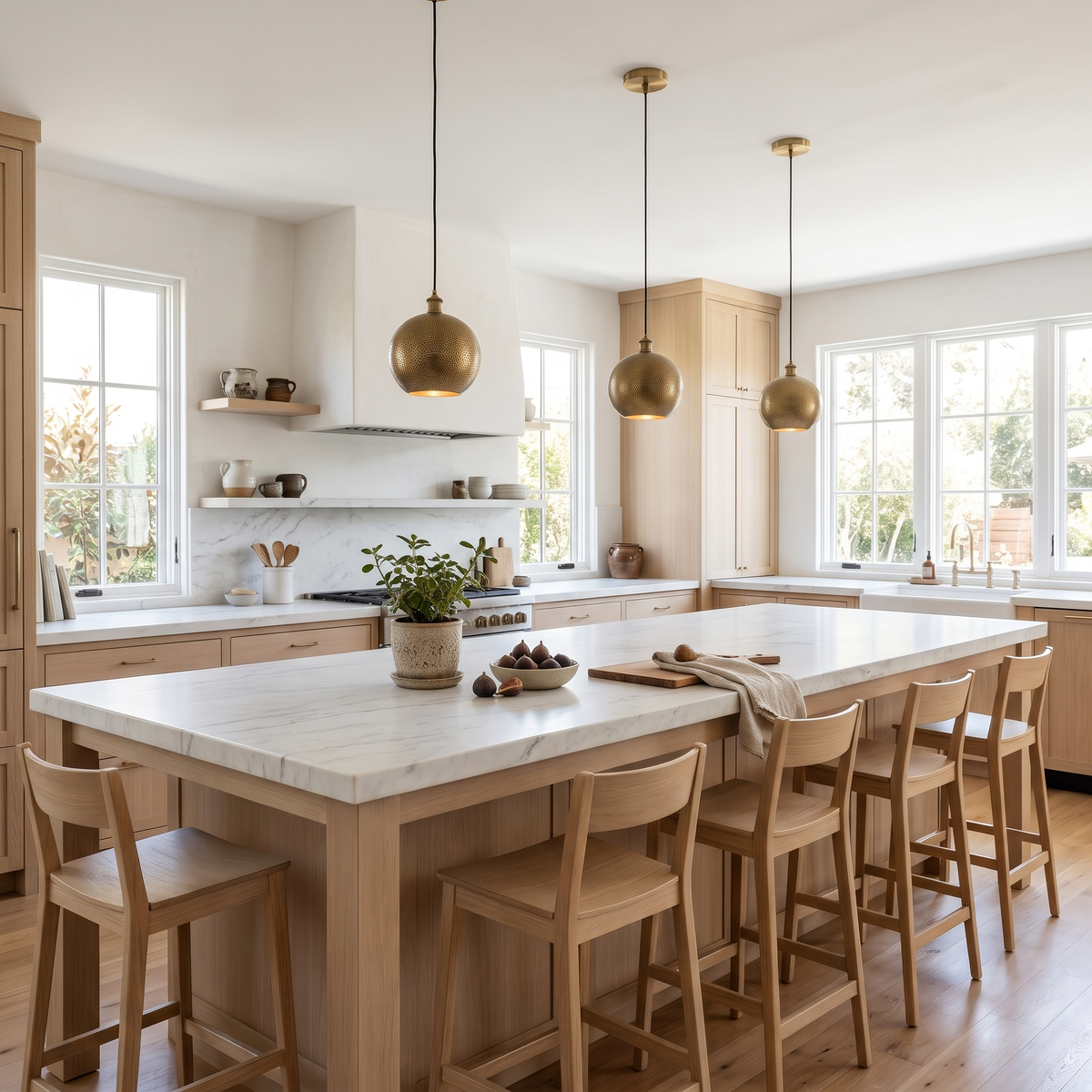 Three hammered antique brass globe pendant lights over a white marble kitchen island