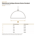 Hammered antique bronze dome pendant dimensions, 8 to 18 in