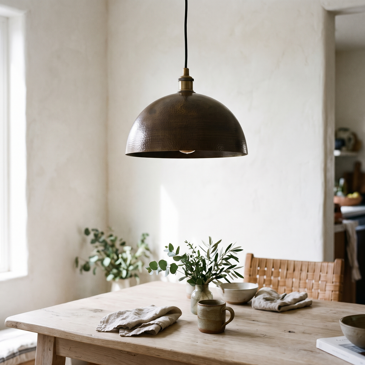 Hammered antique bronze dome pendant over a white oak breakfast table