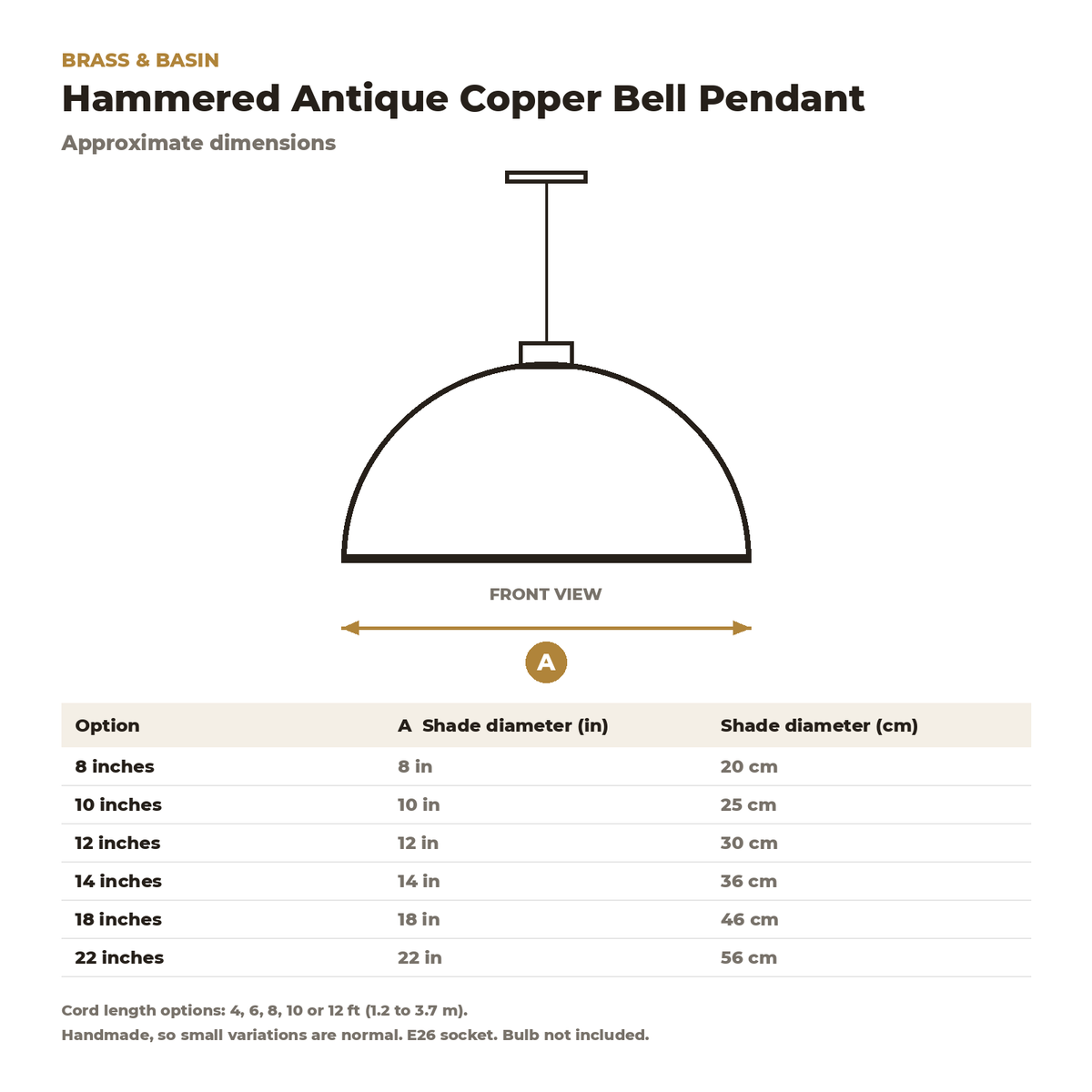 Dimension card for the antique copper bell pendant, 8 to 22 in diameter