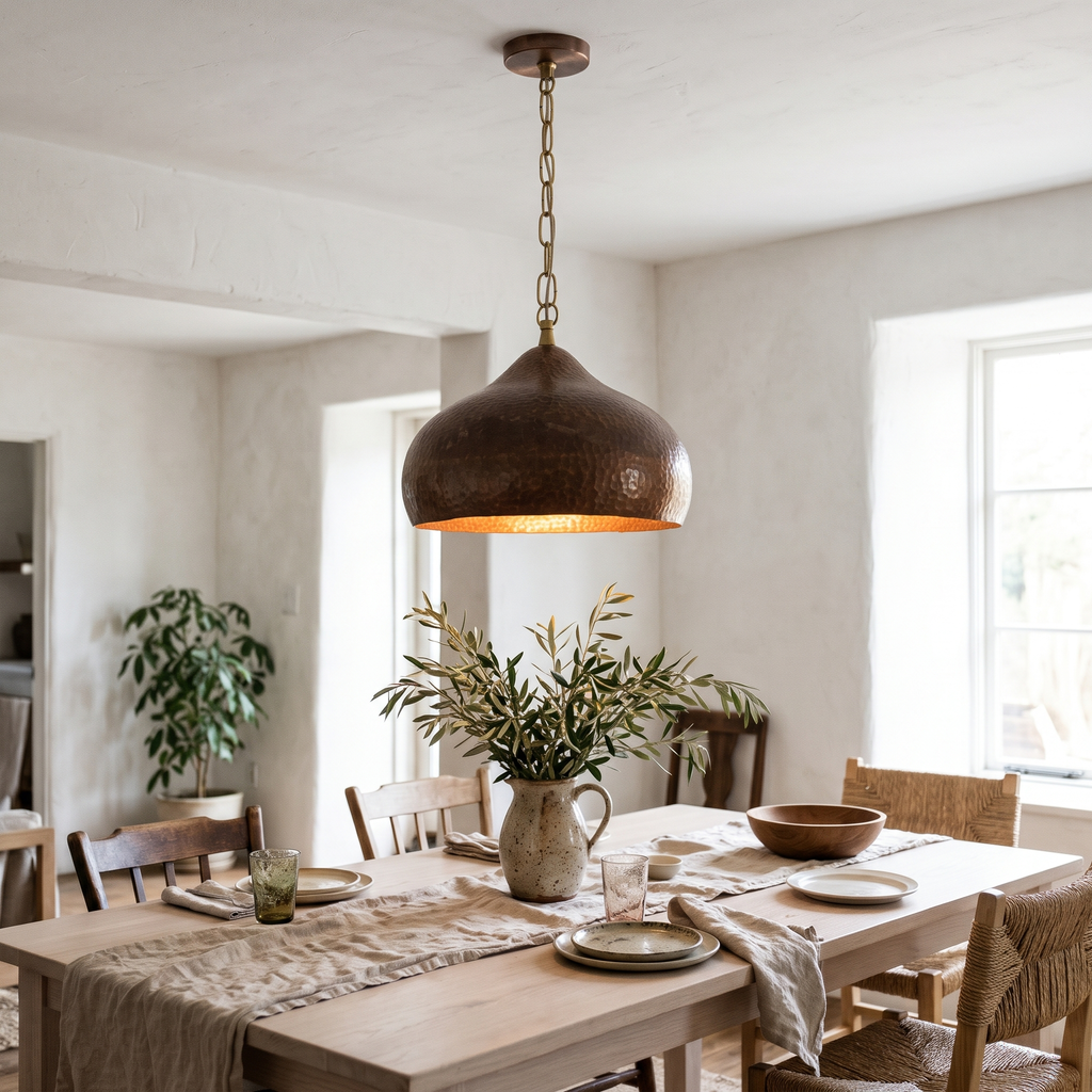 Antique copper bell pendant on a brass chain over a white oak dining table