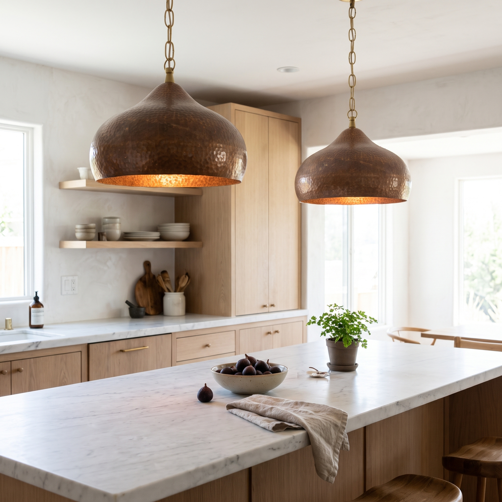 Two hammered antique copper bell pendant lights on brass chains over a white marble kitchen island