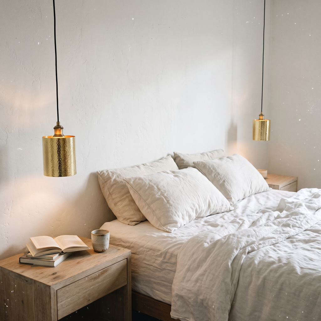 Hammered brass cylinder pendants hanging beside a bed