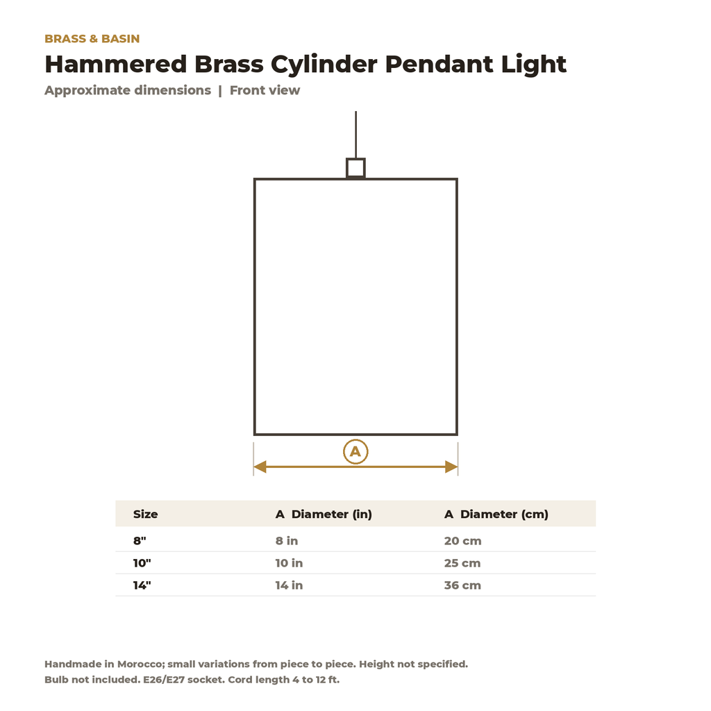 Dimension card for the hammered brass cylinder pendant, 8 to 14 in diameter