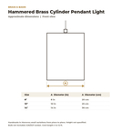 Dimension card for the hammered brass cylinder pendant, 8 to 14 in diameter