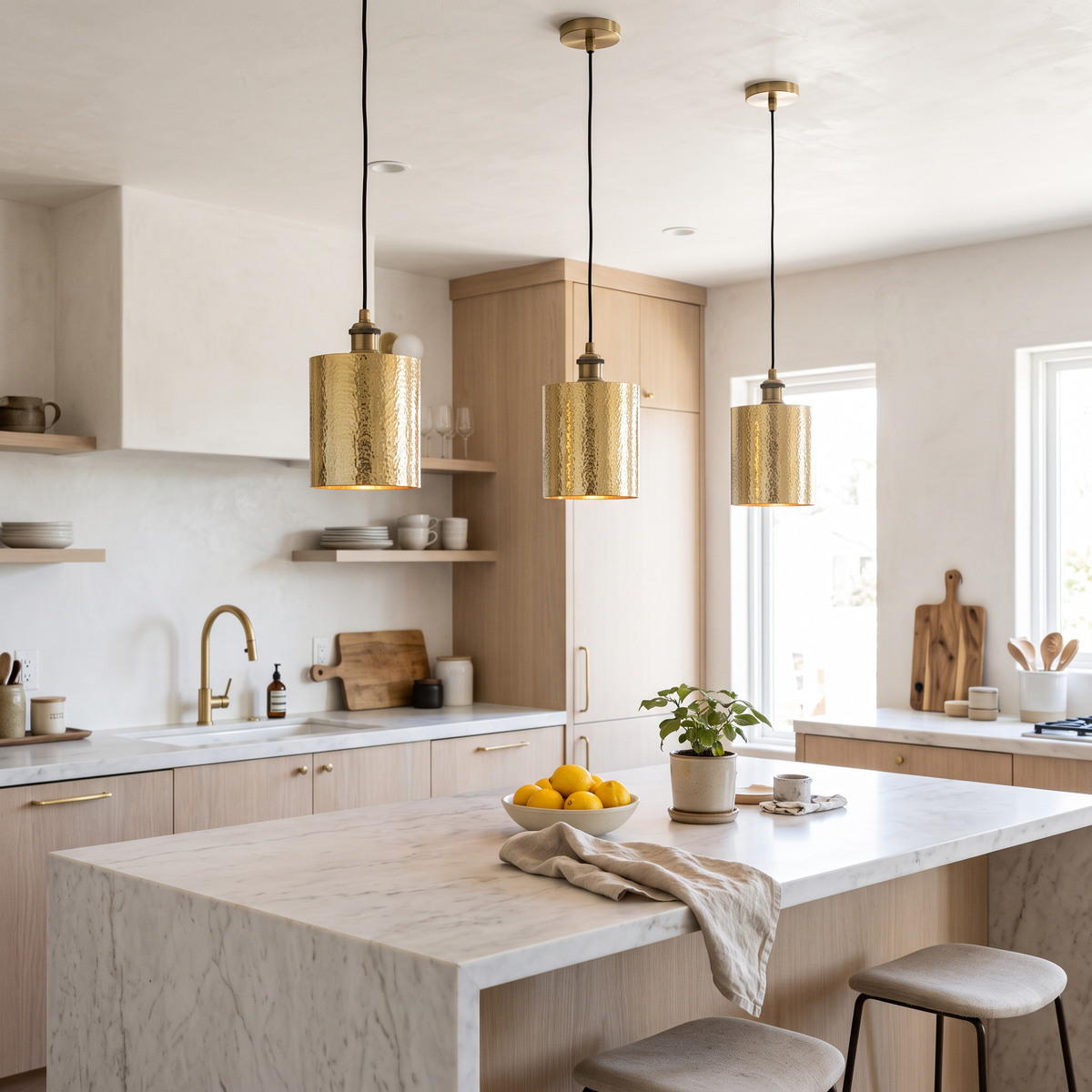 Three hammered brass cylinder pendant lights over a white marble kitchen island