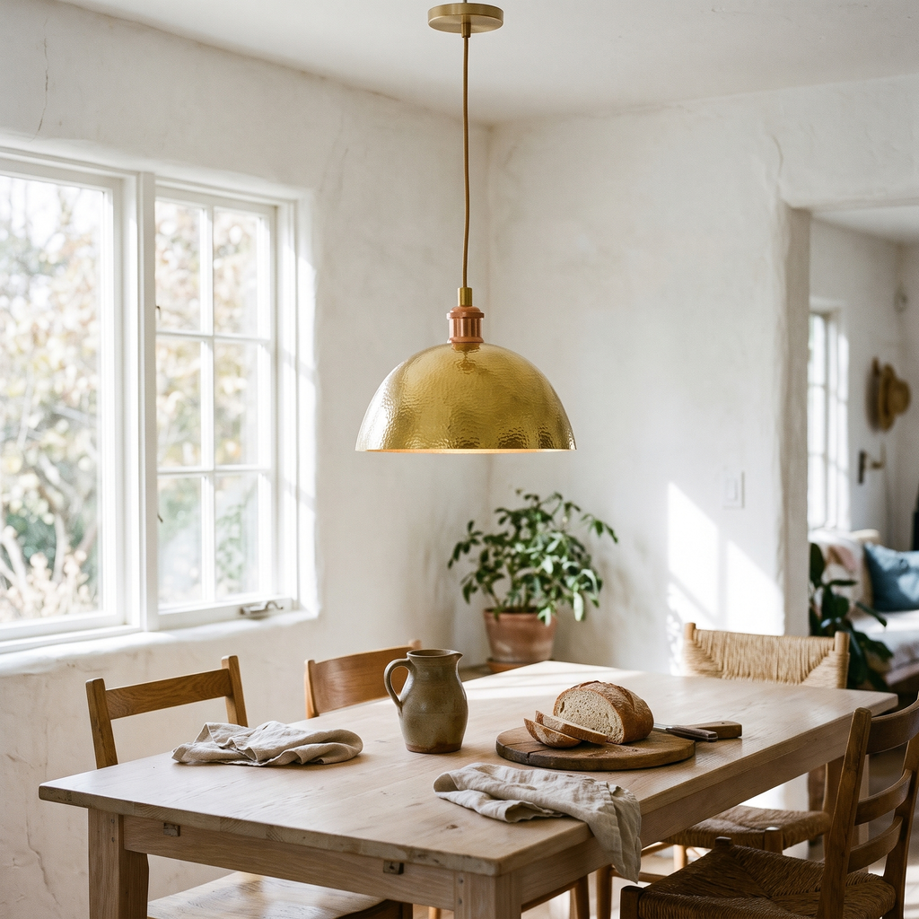 Hammered brass dome pendant light over a white oak dining table