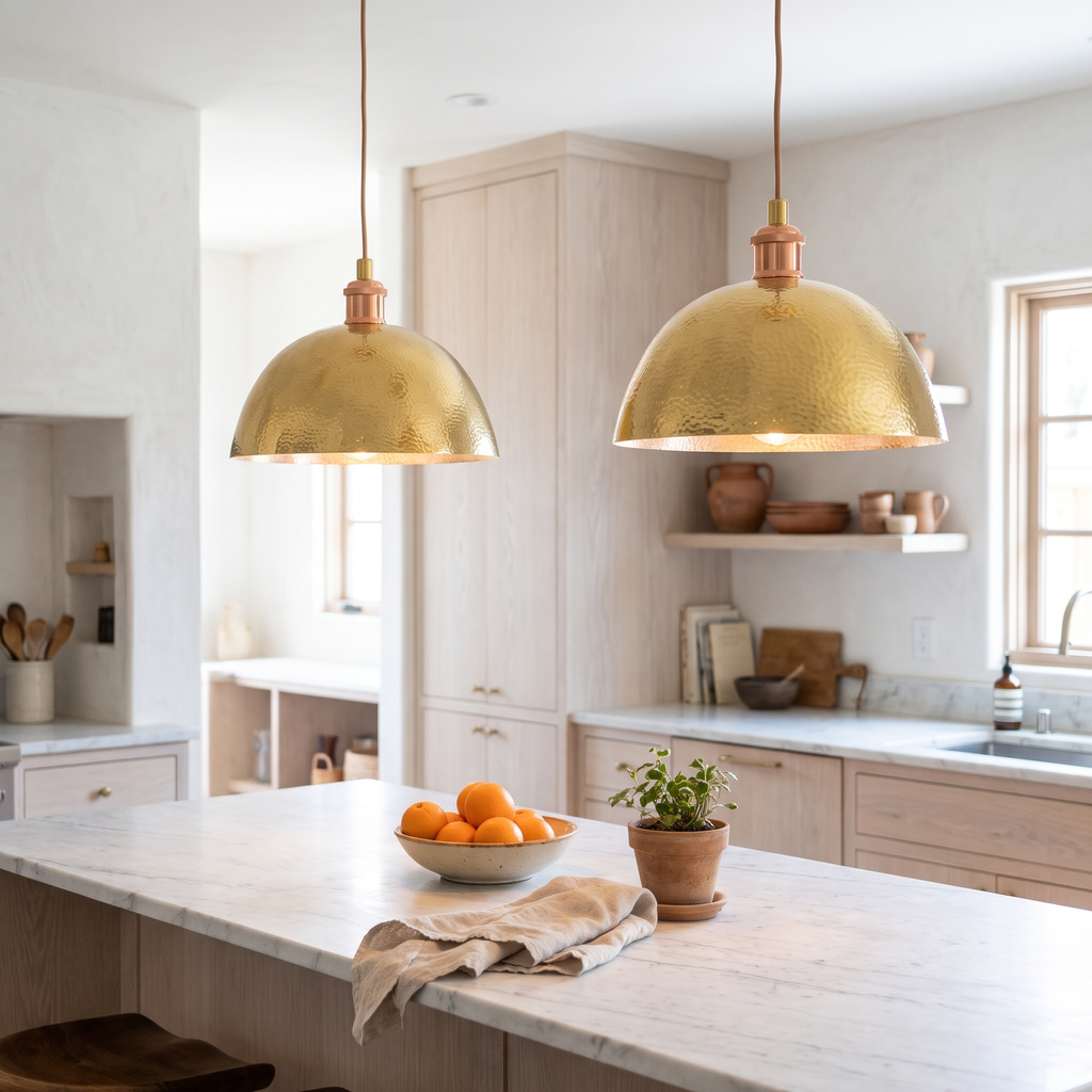 Two hammered unlacquered brass dome pendant lights over a white marble kitchen island