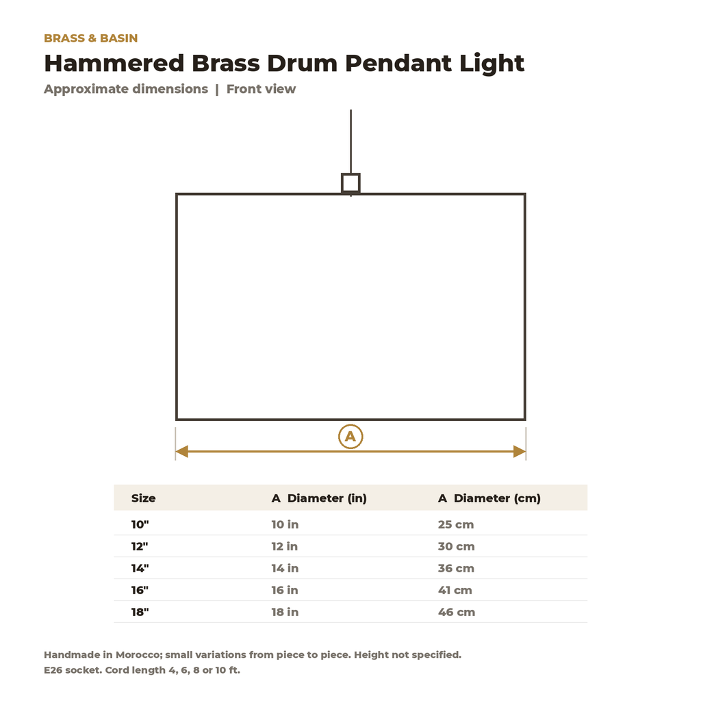 Dimension card for the hammered brass drum pendant, 10 to 18 in diameter