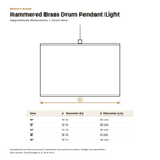 Dimension card for the hammered brass drum pendant, 10 to 18 in diameter