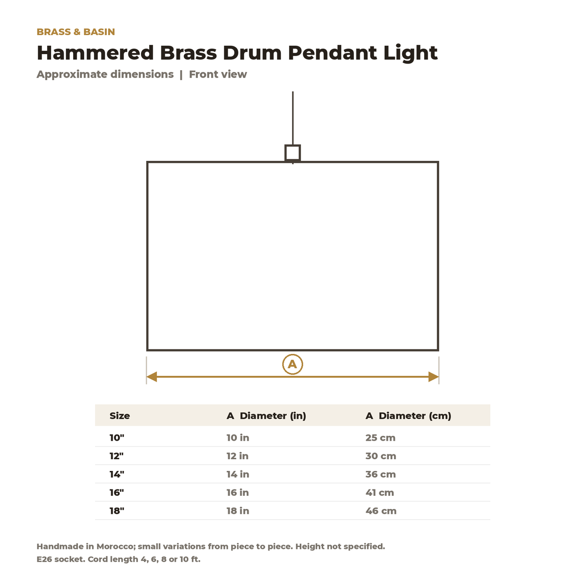 Dimension card for the hammered brass drum pendant, 10 to 18 in diameter