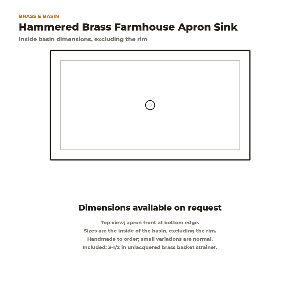 Hammered brass farmhouse apron sink top view drawing