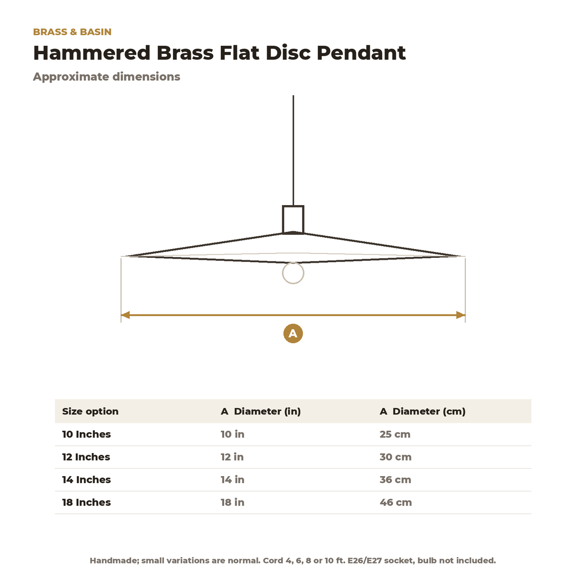 Dimension card for the hammered brass flat disc pendant, 10 to 18 in diameter