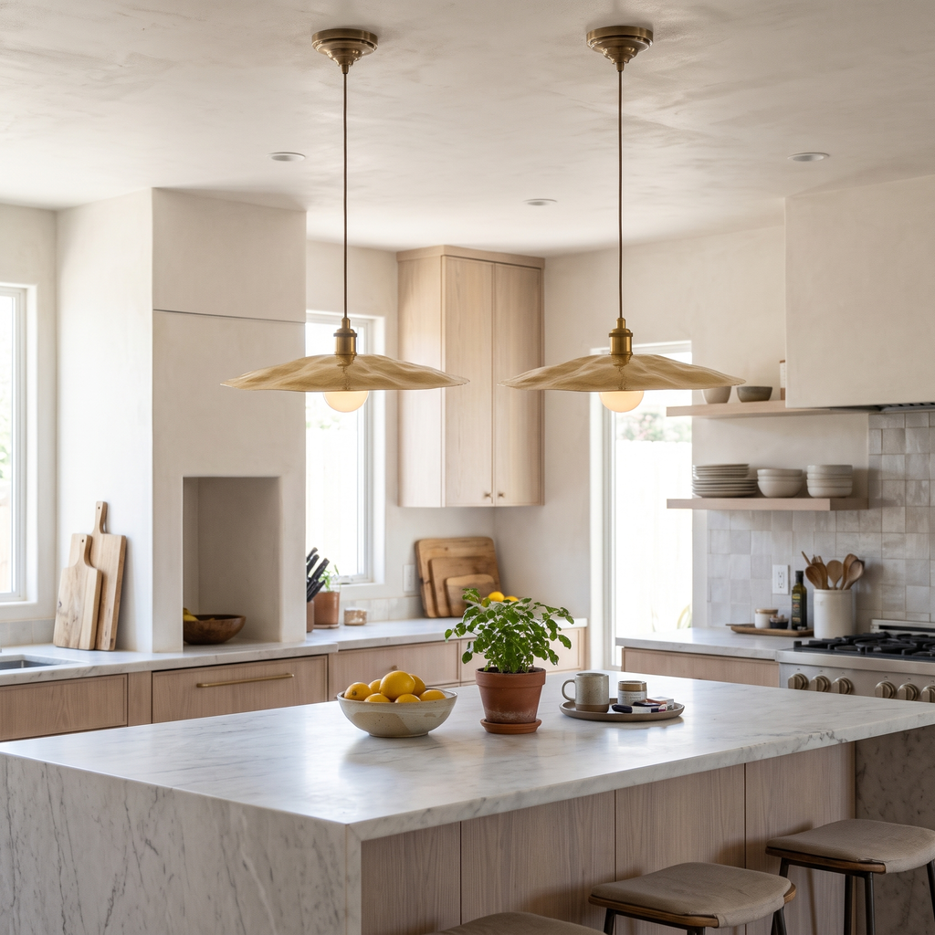 Two hammered brass flat disc pendant lights over a white marble kitchen island