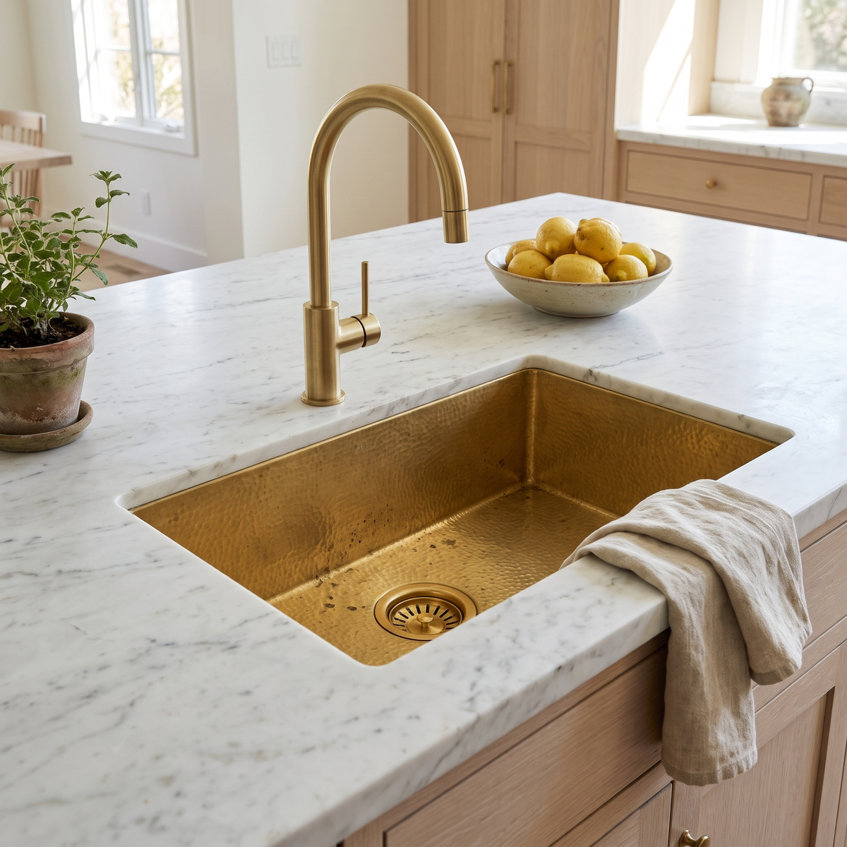 Brass island sink with brass basket strainer and brushed brass gooseneck faucet in a white oak kitchen