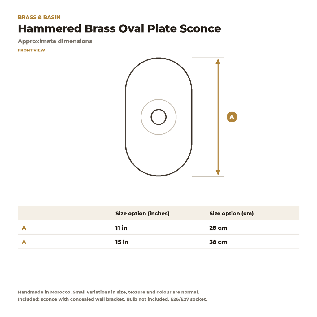 Hammered brass oval plate sconce sizes, 11 and 15 in