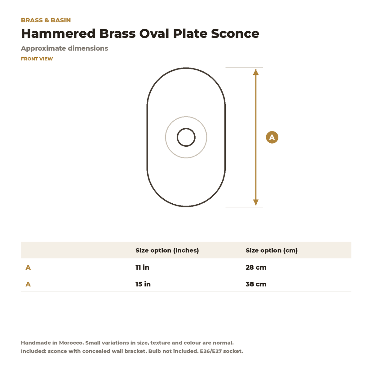 Hammered brass oval plate sconce sizes, 11 and 15 in