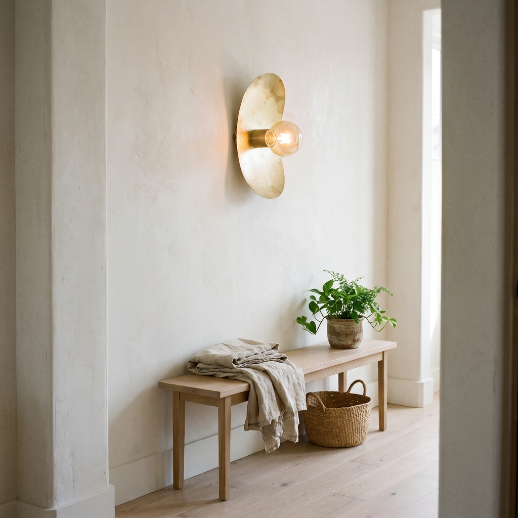Hammered brass oval plate wall sconce above a white oak hallway bench