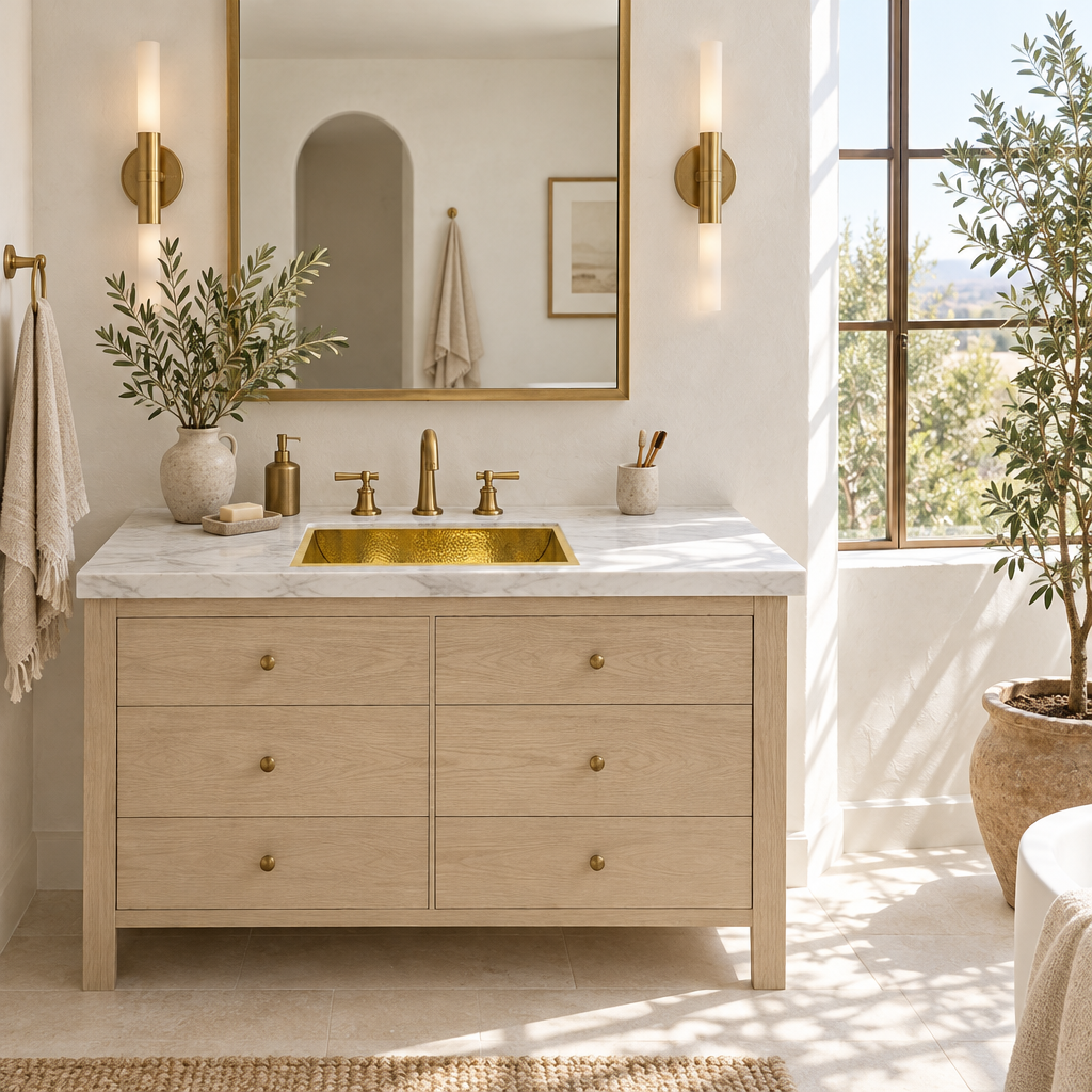 Bright California bathroom with a hammered brass rectangular sink