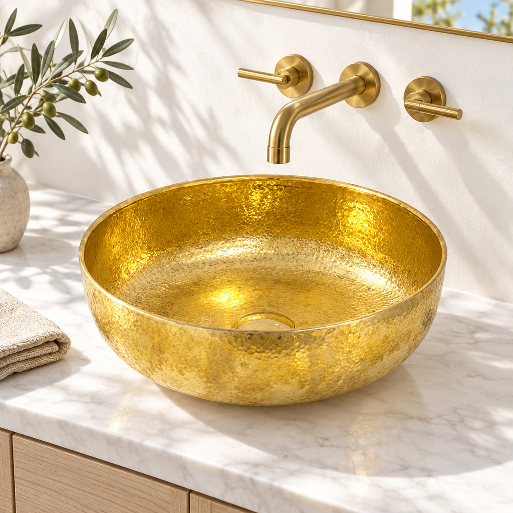Hammered brass round vessel sink on a sunlit white marble bathroom vanity