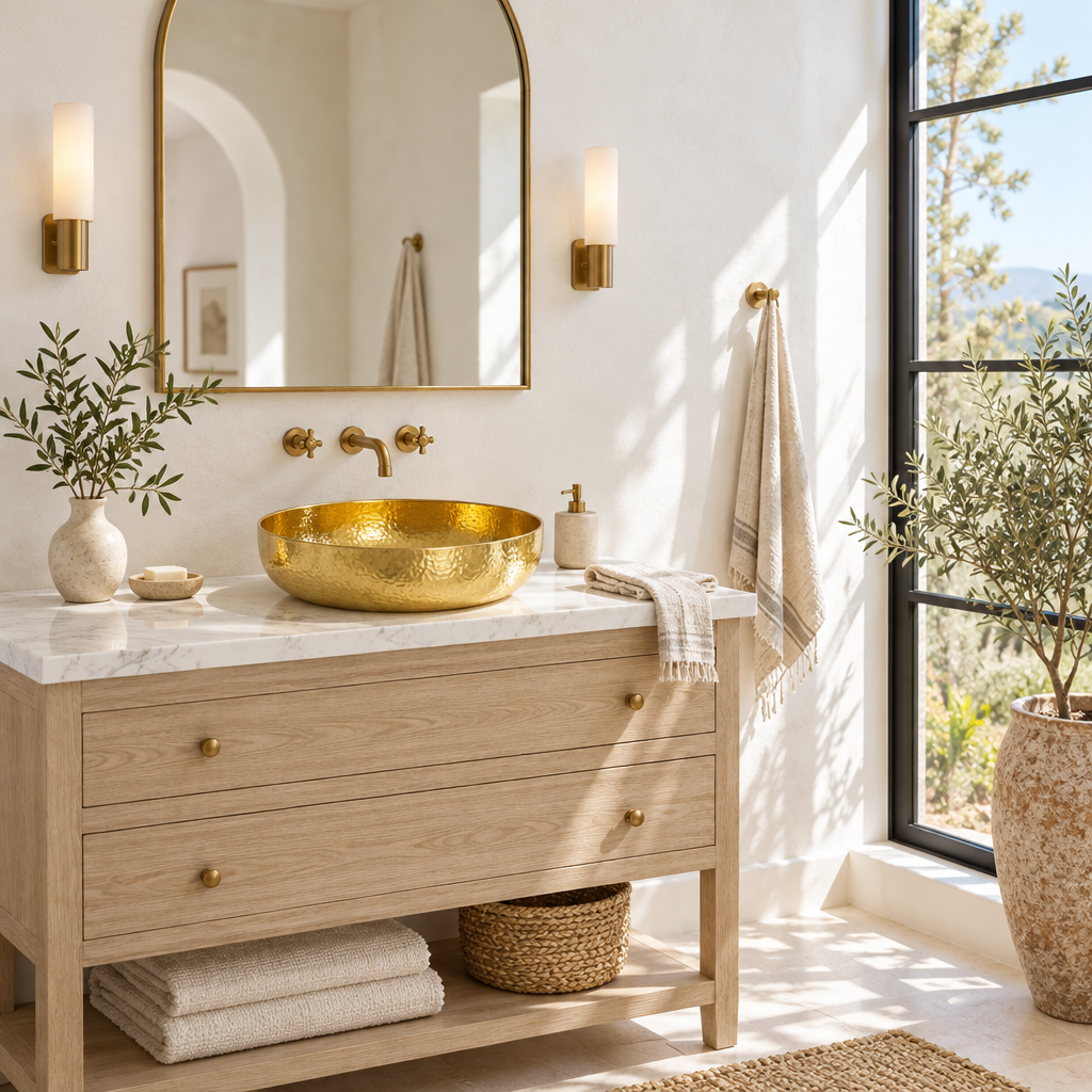 Bright California bathroom with a hammered brass vessel sink on a white oak vanity