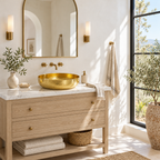 Bright California bathroom with a hammered brass vessel sink on a white oak vanity