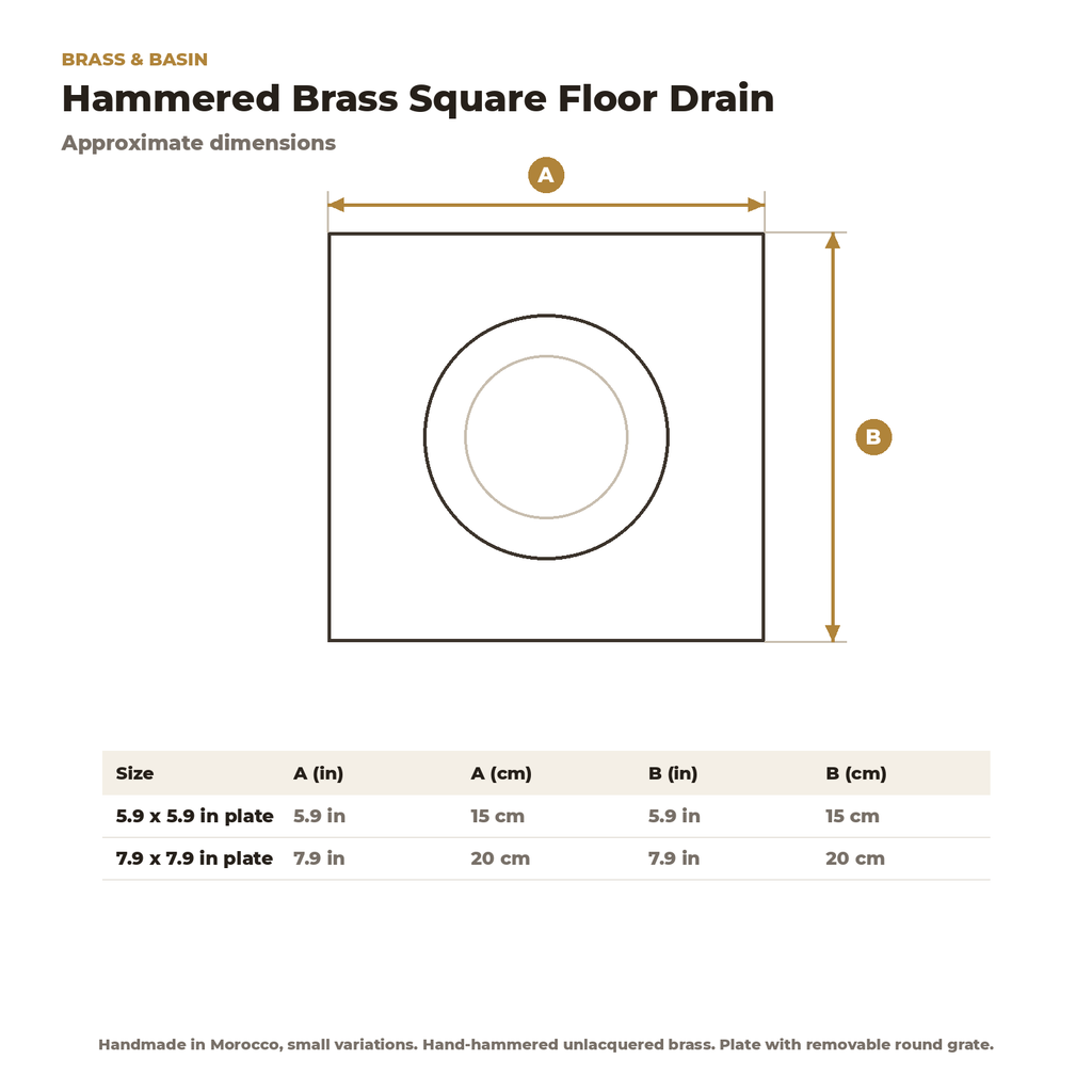 Hammered brass square floor drain dimension chart