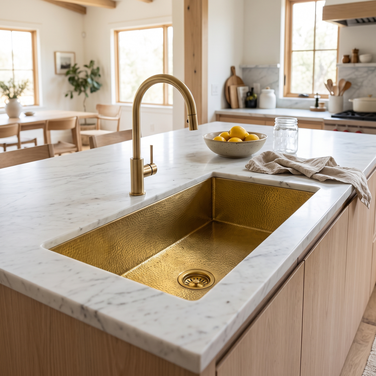 Hammered brass undermount sink with brass basket strainer in a marble kitchen island