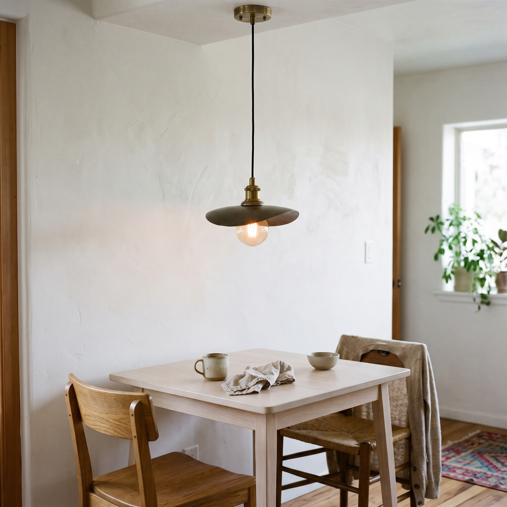 Hammered bronze finish plate pendant hanging over a small white oak breakfast table