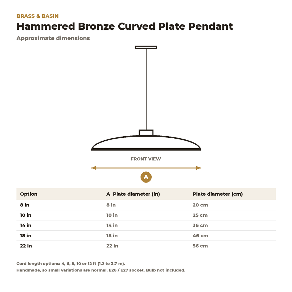Dimension card for the hammered bronze curved plate pendant, 8 to 22 in